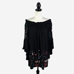Umgee Floral Embroidered Off Shoulder Tunic Top 3/4 Bell Sleeve Size S Black